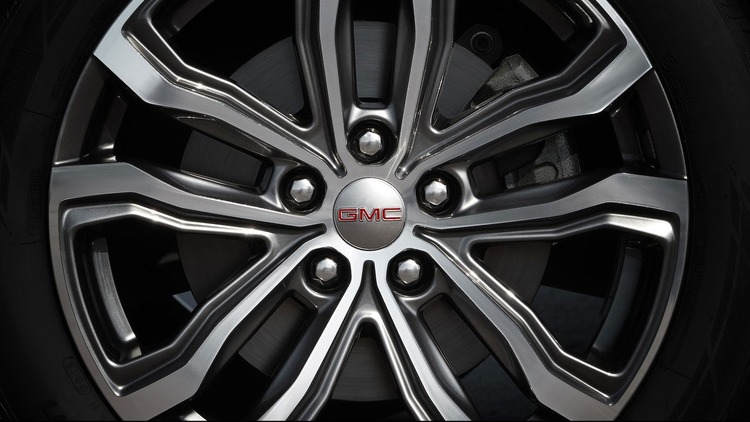 Close up view of a GMC branded tire